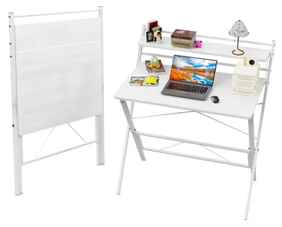 Produktbild von Klappschreibtisch - Computertisch - L-förmiger Eckschreibtisch - 2-stöckige Ablage - Platzsparend für kleines Zimmer - Metallgestell - Weiß