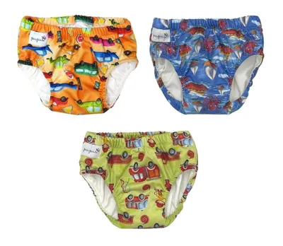 Three training pants with different patterns displayed against a white background.