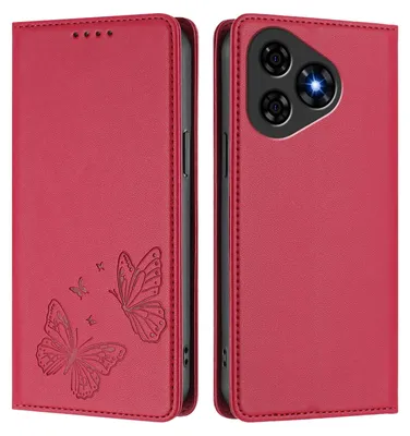 Image de Étui en cuir pour Ulefone Note 19, motif papillon, étui portefeuille à rabat avec support, rouge