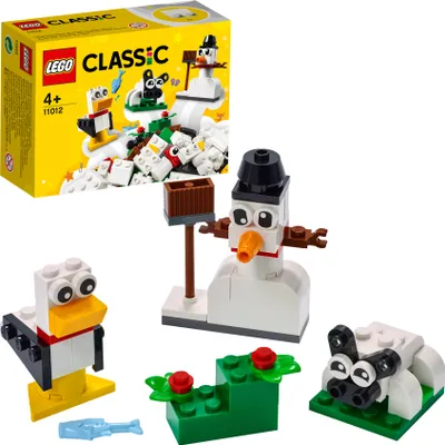 A LEGO Classic building set featuring a snowman, a duck-like figure, a sheep, and some greenery, along with the product box.