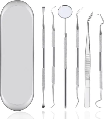 Produktbild von 6er Zahnpflege Set, Zahnarzt Instrumente Zahnarztbesteck Zahnarztspiegel Zahnpinzette Zahnsonde Zahnsteinentferner Aus Edelstahl mit Box