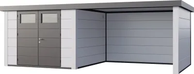 Produktbild von Telluria Metallgerätehaus Classico 3030 mit Lounge Anbau weiß/weiß Lounge-Anbau rechts