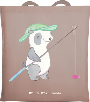 Produktbild von Mr. & Mrs. Panda Tote Bag Panda Angeln - Braun Pastell - Geschenk, Shopping Tasche, Angelverein, Angelsport, Jutebeutel, Hobbyangler, Angler, Laptoptasche, Schultasche