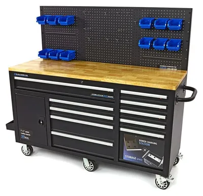 Produktbild von HBM Werkbank 158 cm mit 10 Schubladen, Tür und Rückwand, schwarz