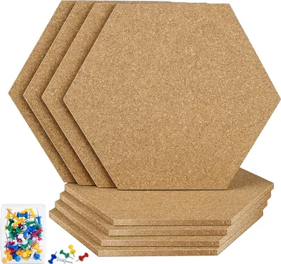 Produktbild von Set von 8 selbstklebenden sechseckigen Korktafeln - 8,2 Zoll x 7 Zoll mit 50 Pinnadeln