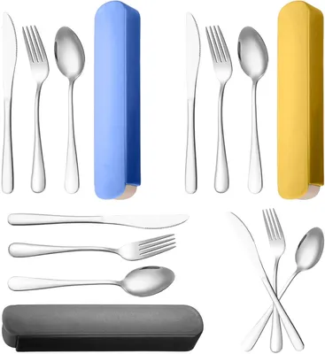Imagen del producto de Juego de cubiertos de acero inoxidable para camping, de 3 piezas, con estuche, reutilizable, ideal para la escuela y para picnics