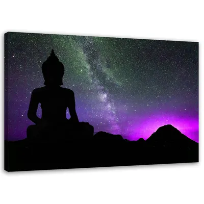 Produktbild von Leinwandbild buddha und aurora borealis 120x80 cm Feeby lila wandbild bereit zum aufhängen