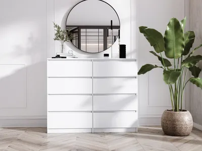 Image de Commode avec 8 tiroirs en blanc mat, 138 x 101 x 39 cm