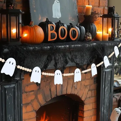Halloween-Girlande, Filz-Geister, Holzperlen, verstellbar, für Kamin