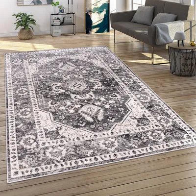 Image de Tapis salon à poils courts motif oriental style vintage ornements modernes bordure dimensions 80 x 150 cm