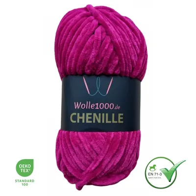 A ball of fuchsia chenille yarn on a white background.