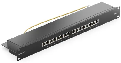 Image de deleyCON Répéteur de câbles réseau CAT 6, panneau de connexion 16 ports RJ45 - Noir – Noir (RAL 9005, noir profond), dimensions pour montage en rack serveur