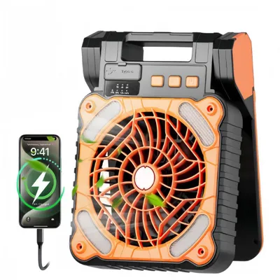 Produktbild von 3-in-1 Solar Camping Fan mit LED, 4 Geschwindigkeitsstufen, 3 Helligkeiten, 5200 mAh, Timer, Handyaufladung, für Camping, Zuhause, Büro