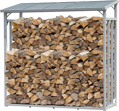 Zdjęcie produktu dla Półka na drewno kominkowe z aluminium, do użytku zewnętrznego, wymiary: 143 x 70 x 145 cm, profil aluminiowy o grubości 40 mm, kolor: szary, odporna na warunki atmosferyczne, pojemność: 1,4 m³ (2 SRM), M Garten – stojak na drewno kominkowe, ułatwia układanie