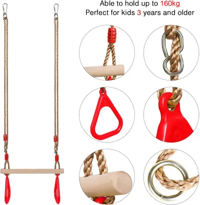 Produktbild von Erwachsenes Trapez,Schaukel Outdoor zubehör,Multifunktions Kinderholz Trapeze,Trapezschaukel,Trapez Ringe,Multifunktions Kinderholz Trapez,Kinderholz mit Kunststoff Turnringe(Rot)