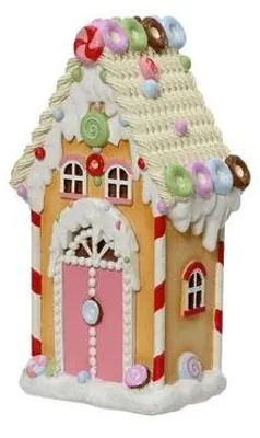 Produktbild von Dekoratives Weihnachtshaus im Candy Christmas Stil, rosa, aus Polyresin, 16x12x28,5 cm