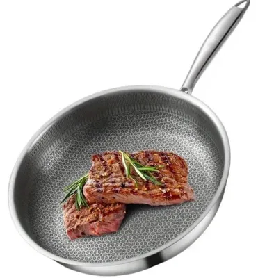 Zdjęcie produktu dla Patelnia z tytanu – średnica 30 cm – ze stali nierdzewnej – z powłoką antyadhezyjną bez dodatkowych warstw – z tłoczonym wzorem przypominającym łuski ryb