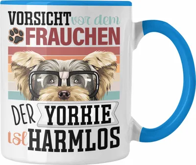Produktbild von Trendation - Yorkie Besitzerin Frauchen Tasse Geschenk Lustiger Spruch Geschenkidee Vorsicht Vor Dem Frauchen (Blau)