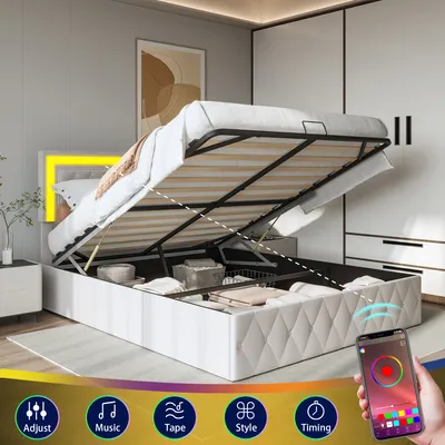 Produktbild von UnboxG  Polsterbett 140 x 200 cm mit Stauraum und bettkasten, LED Doppelbett Jugendbett mit Bettkasten, mit Kopfteil und Lattenrost, mit Knopfheftung, Samt-Bezug, Beige