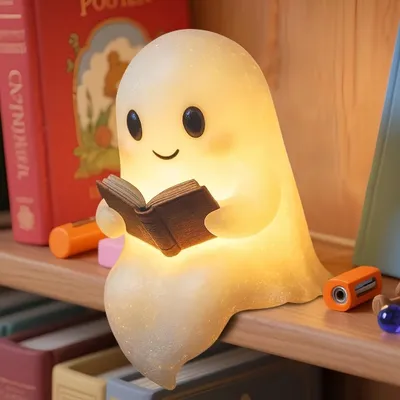 Produktbild von Niedliche Bücher Geisterleselampe, Nachttischlampe, 3D-LED-Nachtlicht,Schlafzimmer & Halloween-Dekoration, für Schlafzimmer,Party,Regal (Klein-15cm)