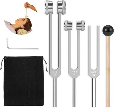Produktbild von Heilungsschwingungsvorken (128Hz, 256Hz, 512Hz), inklusive Reflexhammer für Chakrabalance, ideal für Yoga und Energieheilung.