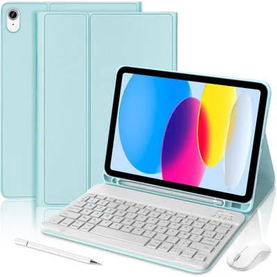 Image de Coque Clavier pour iPad A16 (11 Pouces) / iPad 10 2022 (10,9 Pouces) CuirPolyuréthaneBleu avec Clavier + Souris + Stylet
