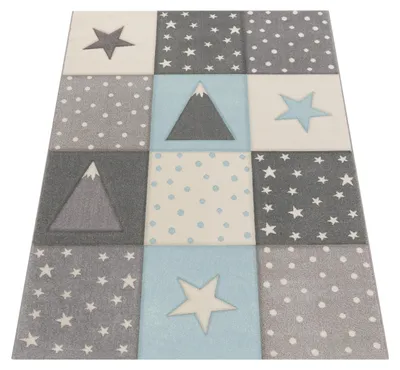 Produktbild von Kinderteppich Teppich Kinderzimmer Pastell Kariert Punkte Mond Sterne Weiß Grau Blau Grösse 120x170 cm