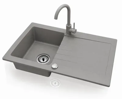 Produktbild von Granitspüle 76x44 cm mit Armatur Grau – Küchenspüle aus Granit, Einbauspüle Eckig, Beidseitig Montierbar, Spülbecken inkl. Siphon Set, Für 45 cm Unterschrank, Kratzfest & Hitzebeständig : Grau