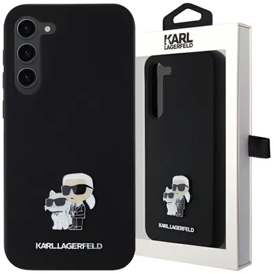 A black Karl Lagerfeld phone case with a Karl and Choupette design, displayed next to its packaging.