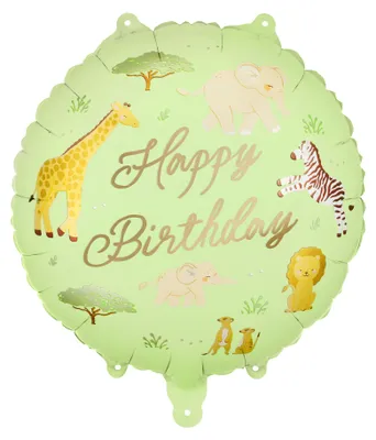 Runder Happy Birthday Folienballon mit Safari Tieren und Blättermotiv in Grün.