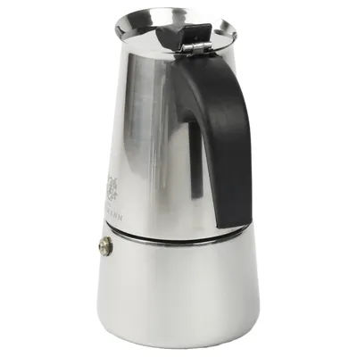 A stainless steel moka pot coffee maker.