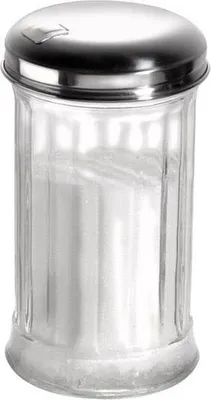 Produktbild von APS 40487 Zuckerdosierer, Ø 7,5 cm, Höhe 13,5 cm, 300 ml, mit Dosierklappe, Behälter aus Glas, Schraubdeckel aus Edelstahl