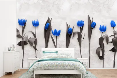 Produktbild von MuchoWow® Fototapete für Wohnzimmer oder Schlafzimmer Wandtapete Vinyl Motivtapete Blumen - Tulpen - Blau - 450x300 cm - Gemusterte