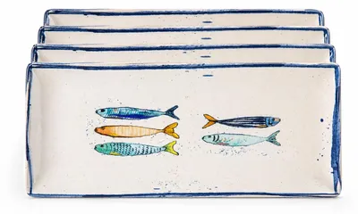 Produktbild von Teller, mediterran mit Sardinen-Motiv | Maritime Servierplatte 30×15cm