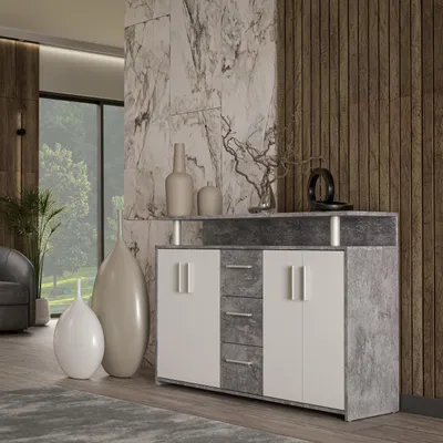 Produktbild von Forte SINCRONO Sideboard 130, modernes Sideboard mit Ablage-Aufsatz, 4-türig, 3 Schubladen, Wohnzimmer, Flur, Holzwerkstoff, Weiß mit Betonoptik, 132 cm breit x 88,5 cm hoch x 34,8 cm tief
