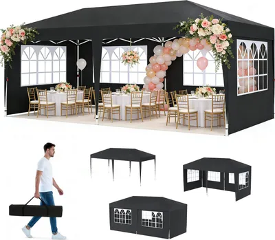 A collage of images showing a large black party tent set up for an event with tables and chairs inside, a person carrying a folded tent, and smaller views of the tent.