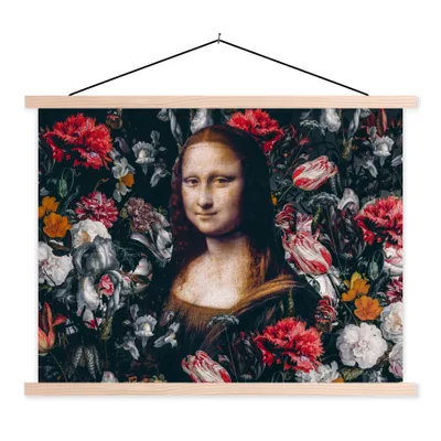 Produktbild von MuchoWow® Textilposter Leonardo da Vinci - Mona Lisa - Blumen 120x90 cm mit holzfarbenen Rahmen - Magnetisch