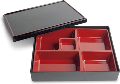Produktbild von Schwarze Bento Lunch Box mit 4 Fächern | Obento | Bento Bako | Holzoptik | Saucenfach rot