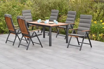 Produktbild von Merxx Gartenmöbel Set Athos 13tlg., 6 Klappsessel inkl. Kissen, Ausziehtisch 150 (200) x 90 cm- Aluminium/Akazie/Textil
