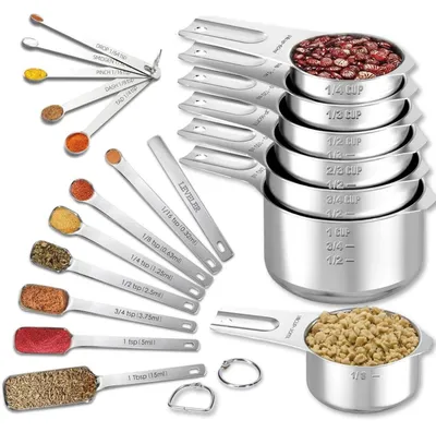 Produktbild von Messbecher und Löffel Set 20tlg. Edelstahl stapelbar mit Nivellierer gravierte Markierungen