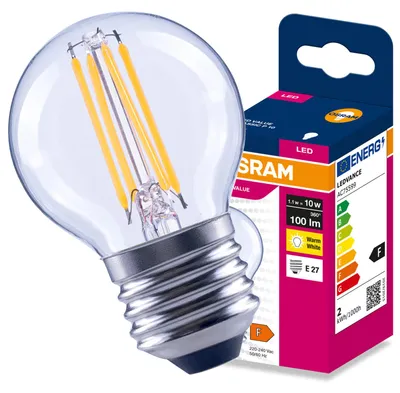 Immagine prodotto di Lampadina LED OSRAM, attacco E27, stile filamento classico, modello P10, 1,1W, 100 lumen, luce bianco caldo 2700K, equivalente a una lampadina da 10W, codice prodotto: 4099854568497, Immagine generata dall'IA
