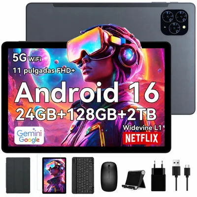 Imagen del producto de KINGRID T90, tableta de 11 pulgadas, Android 16, 24 GB de RAM (8+16) + 128 GB de almacenamiento interno (ampliable hasta 2 TB con tarjeta TF), 5G, Wi-Fi, compatible con lápiz óptico/ratón/teclado, batería de 8000 mAh, cámara de 16 MP + 8 MP, compatible con Widevine L1, tableta con inteligencia artificial Gemini