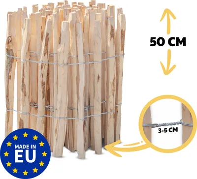 A close-up of a wooden fence with measurement indicators and a 'Made in EU' logo.