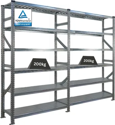 Produktbild von Fachbodenregal PROXIMO mit  Stecksystem | Komplettregal | HxBxT 210x240x50cm | 6 Ebenen | Beidseitig nutzbar | Verzinkt