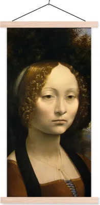 Produktbild von MuchoWow® Textilposter Ginevra de' Benci - Leonardo da Vinci 60x120 cm mit holzfarbenen Rahmen - Holz