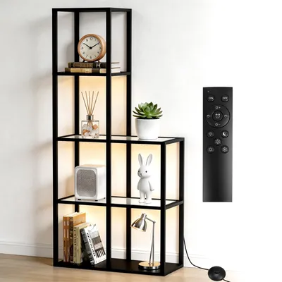 Produktbild von Offenes Glasvitrine mit 3-stufiges Glasablagen & LED-Dimmbar Beleuchtung Vitrinenschrank Standregal Bücherregal für Wohnzimmer Schlafzimmer (168cm H)