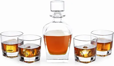 Imagen del producto de Juego de whisky con decantador soplado a mano, 4 vasos, 1 litro, ideal para la barra