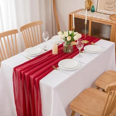Produktbild von Tischläufer Rot, Hochzeit, Chiffon, Tischdecke, Weinrot, Chiffonstoff, 4m x 70cm, Läufer, Bordeaux, für Feiern, Hochzeiten und Dekoration