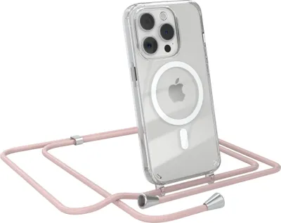 Produktbild von EAZY CASE - Handykette kompatibel mit Apple iPhone 15 Pro Kette zum Umhängen Stoßfest Handyhülle für Apple iPhone 15 Pro Silikon Hülle mit Band Handytasche Transparent als Fallschutz in Rosé-Gold