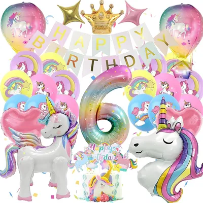 Produktbild von Geburtstagsdekoration 6 Jahre, Einhorn Set, Luftballons und Banner, für Kindergeburtstag